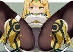  1girl ass bangs black_legwear blonde_hair border breasts butt_crack dangle_earrings earrings expressionless grey_background headpiece highres jewelry kitami_tsuzuka large_breasts leggings long_hair looking_at_viewer mythra_(xenoblade) panties panties_under_pantyhose pantyhose simple_background skindentation solo spread_legs super_smash_bros. swept_bangs thick_thighs thigh_strap thighs tiara underwear upskirt white_border white_panties xenoblade_chronicles_(series) xenoblade_chronicles_2 yellow_eyes 