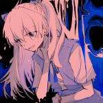  1girl abstract_background blue_eyes blue_ribbon crying crying_with_eyes_open dango_(uni_520) eyebrows_visible_through_hair eyes_visible_through_hair hair_between_eyes hand_around_neck hand_on_own_neck highres long_hair monochrome neon_genesis_evangelion parted_lips ribbon sketch solo souryuu_asuka_langley spot_color tears twintails watch wristwatch 