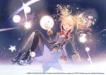  1girl ;d absurdres belt birthday black_belt black_boots black_jacket black_skirt black_thighhighs blonde_hair boots bow bowtie chinese_commentary collared_shirt commentary_request convenient_censoring copyright_notice floating_hair full_body gradient_hair guest_art hair_between_eyes hand_up highres jacket knees_up lapels long_sidelocks long_sleeves looking_at_viewer multicolored_hair multiple_belts night night_sky notched_lapels official_art one_eye_closed open_clothes open_jacket pink_eyes pink_hair pleated_skirt project_sekai red_bow red_bowtie satonishi second-party_source shirt shirt_tucked_in sidelocks skirt sky smile solo star_(sky) tenma_saki thighhighs white_shirt yellow_trim 