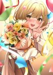  1girl absurdres animare balloon bangs blonde_hair blush bouquet confetti flower highres holding holding_bouquet imsaibo3 inaba_haneru_(animare) long_sleeves looking_at_viewer open_mouth short_hair solo v yellow_eyes 