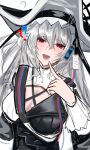  1girl ? ?? absurdres arknights black_dress black_hat blush breasts cleavage cleavage_cutout clothing_cutout criss-cross_straps cuffs dress grey_hair hair_between_eyes hat highres long_sleeves medium_breasts mo_komo_momo open_mouth pointing pointing_at_self pointy_hat red_eyes sharp_teeth shoulder_strap simple_background solo specter_(arknights) specter_the_unchained_(arknights) sweat sweatdrop teeth tongue two-sided_fabric two-sided_headwear two-tone_dress upper_body 
