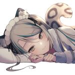  1girl animal_ears aqua_hair bloom cat_ears fuzzy_clothes green_eyes grey_hair grey_shirt grey_tail head_on_pillow highres hinamori_anthea indie_virtual_youtuber light_smile long_sleeves looking_at_viewer lying maid_headdress multicolored_hair on_side pajamas pale_skin pillow portrait second-party_source shirt simple_background snow_leopard_tail solo streaked_hair sunlight tsurime una_nagi white_background 