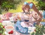  1girl :d absurdres animal arknights bare_shoulders bell blue_bow blue_bowtie blue_skirt bow bowtie brown_hair cake cake_slice cup curled_horns day drink eyjafjalla_(arknights) eyjafjalla_the_hvit_aska_(a_picnic_before_a_long_trip)_(arknights) eyjafjalla_the_hvit_aska_(arknights) food fruit grass hair_between_eyes hand_up highres horns jingle_bell leaf long_hair long_sleeves looking_at_viewer neck_bell official_alternate_costume open_mouth outdoors picnic pink_eyes plant plate ponytail sheep sheep_girl sheep_horns shenbeining79537 shirt skirt smile solo sparkle strawberry teacup traditional_bowtie very_long_hair white_horns white_shirt 
