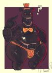 2025 anthro badaboomey bear belly belly_mouth black_body black_fur bow_tie clothed clothing english_description five_nights_at_freddy&#039;s five_nights_at_freddy&#039;s_4 front_view fur gesture hand_gesture hat headgear headwear male mammal middle_finger nightmare_(fnaf) ogilenuj open_mouth overweight overweight_anthro overweight_male purple_background question_mark red_eyes scottgames sharp_teeth simple_background solo standing teeth thick_thighs thong topless topless_anthro topless_male underwear yellow_bow_tie yellow_clothing yellow_hat yellow_headwear yellow_thong yellow_underbelly yellow_underwear