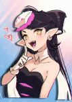  &gt;:) 1girl :d bare_shoulders black_dress black_hair bow-shaped_hair breasts callie_(splatoon) callie_(squid_sisters_outfit)_(splatoon) cleavage collar collarbone colored_inner_hair commentary_request coula_cat cropped_torso cross-shaped_pupils detached_collar dress drop_shadow earrings eyebrows_hidden_by_hair fangs food-themed_hair_ornament gloves grin hair_ornament hand_on_own_chest heart highres humanization jewelry long_hair looking_at_viewer medium_breasts mole mole_under_eye multicolored_hair open_mouth pointy_ears smile solo splatoon_(series) splatoon_1 strapless strapless_dress swept_bangs symbol-shaped_pupils thick_eyelashes twitter_username two-tone_hair v-shaped_eyebrows very_long_hair white_collar white_gloves white_hair yellow_eyes 