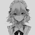  1girl bangs braid cropped_shoulders eyebrows_visible_through_hair face grey_background greyscale hair_between_eyes highres izayoi_sakuya looking_at_viewer maid_headdress mokokiyo_(asaddr) monochrome ribbon short_hair simple_background solo touhou twin_braids 