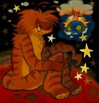 alien ambiguous_gender antennae_(anatomy) anthro bangs belly blush claws cloud earth explosion fur hair hi_res holding_both_knees holding_both_legs hybrid luhbums markings mars martian mushroom_cloud neck_tuft nude orange_body orange_eyes orange_fur orange_hair paws planet short_hair sitting smile solo space star striped_markings stripes tail tan_belly tuft yellow_sclera