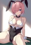  1girl animal_ears bangs bare_shoulders bikini bikini_top_only black_hairband black_leotard blush breasts cleavage collarbone detached_collar eyebrows_visible_through_hair eyes_visible_through_hair fake_animal_ears fate/grand_order fate_(series) hair_over_one_eye hairband harimoji large_breasts leotard looking_at_viewer mash_kyrielight parted_lips pink_hair playboy_bunny purple_eyes rabbit_ears short_hair sitting solo swimsuit thighs underboob white_bikini wrist_cuffs 