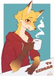  2021 absurd_res anthro ayabemiso blue_background border canid canine chest_tuft clothing coffee_cup container cup fox fur hi_res holding_coffee_cup holding_cup holding_object hoodie male mammal red_clothing red_eyes red_hoodie red_topwear simple_background smile solo topwear tuft white_border yellow_body yellow_fur 