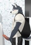 anthro backpack black_nose blue_eyes blush blush_lines bodily_fluids bottomwear canid canine canis clothing domestic_dog duo erection genitals hi_res humanoid_genitalia husky kemono looking_at_another male male/male mammal nagick_18 nordic_sled_dog pants penis pointy_ears shirt side_eye solo_focus spitz sweat sweatdrop t-shirt throbbing throbbing_penis topwear urinal urinal_peeking