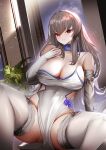 1girl azur_lane blue_scarf breasts china_dress chinese_clothes cleavage dress elbow_gloves evening_gown fingerless_gloves gdat gloves grey_hair highres huge_breasts indoors light_smile long_hair looking_at_viewer mole mole_under_eye no_panties official_alternate_costume red_eyes saint-louis_(azur_lane) saint-louis_(holy_knight&#039;s_resplendence)_(azur_lane) scarf sleeveless sleeveless_dress solo spread_legs thighhighs very_long_hair white_dress white_gloves white_legwear 