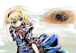  1boy 1girl alice_margatroid blonde_hair blue_dress blue_eyes book capelet crater crossover defeat dress final_fantasy final_fantasy_xi frilled_hairband frills grimoire grimoire_of_alice hairband hand_in_own_hair holding holding_book hume kitanai_ninja lance looking_back meme ninja_(final_fantasy) polearm red_hairband shanghai_doll short_hair smile su_yu the_iron_of_yin_and_yang touhou weapon white_capelet yamcha_pose_(meme) 