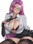  1girl absurdres black_skirt bra breasts cleavage fate/stay_night fate_(series) glasses highres large_breasts long_hair looking_at_viewer medusa_(fate) medusa_(rider)_(fate) necktie open_clothes open_shirt panties purple_eyes purple_hair sayanestia see-through sitting skirt thighhighs underwear upskirt watermark wet wet_clothes white_background 