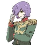  1boy absurdres adjusting_hair bright_pupils commentary epaulettes garma_zabi gloves green_jacket gundam hair_over_one_eye hand_in_own_hair hand_up high_collar highres jacket long_sleeves male_focus matmatmat77 military_uniform mobile_suit_gundam parted_lips purple_hair short_hair simple_background solo sweat upper_body white_background white_gloves white_pupils yellow_eyes 