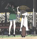  2girls bag bang_dream! blush breasts bus_stop cleavage denim denim_shorts dress flower full_body green_shirt hand_on_headwear hat high_heels highres long_hair multiple_girls okusawa_misaki plant shirt shoes short_sleeves shorts sneakers straw_hat suitcase sunflower sweat sweatdrop tsurumaki_kokoro white_dress zgok1uy8amciwae 