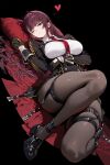  black_gloves breasts brown_pantyhose chest_harness commentary girls&#039;_frontline girls&#039;_frontline_2:_exilium gloves harness heart highres large_breasts long_hair looking_at_viewer makiatto_(girls&#039;_frontline_2) necktie one_eye_closed orange_gloves pantyhose popopoei purple_hair red_eyes red_necktie shirt thigh_strap thighs two-tone_gloves wa2000_(girls&#039;_frontline) white_shirt 