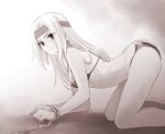 1girl all_fours bent_over bikini bound bound_wrists breasts chain from_side frown greyscale headband highres ishiyumi long_hair looking_at_viewer medium_breasts monochrome original solo swimsuit v-shaped_eyebrows 