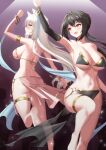  2girls absurdres ahoge animal_ears ara_haan arm_up armpits ass bangs bare_legs bare_shoulders barefoot bikini black_bikini black_hair blush bracelet breasts cat_ears cleavage closed_mouth collarbone dancer detached_sleeves elsword eve_(elsword) eyebrows_visible_through_hair gradient gradient_background hair_between_eyes highres jewelry large_breasts long_hair long_sleeves multiple_girls navel o-ring pink_bikini purple_background red_eyes sarong see-through sideboob silhouette standing standing_on_one_leg stomach swimsuit thighlet toned veca very_long_hair white_hair 