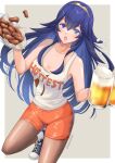  1girl alcohol alternate_costume bangs beer blue_eyes blue_hair blush breasts cleavage clothes_writing cup employee_uniform fire_emblem fire_emblem_awakening hair_between_eyes hooters long_hair looking_at_viewer lucina_(fire_emblem) mug open_mouth pantyhose short_shorts shorts simple_background snow20200 solo symbol-shaped_pupils tank_top tiara uniform waitress 