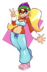  1girl baggy_pants bare_shoulders beanie blonde_hair blue_camisole blue_eyes blue_pants body_fur breasts brown_fur camisole cleavage crop_top donkey_kong_(series) drawstring earrings eyelashes eyeshadow fingernails full_body furry furry_female gold_earrings grin half-closed_eyes halterneck hand_up hat highres hoop_earrings jamoart jewelry large_breasts long_hair looking_at_viewer makeup monkey monkey_girl nail_polish navel pants pink_nails pink_slippers purple_eyeshadow slippers smile solo standing tiny_kong toenail_polish toenails twintails v 
