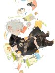  1boy black_gloves black_shirt black_shorts commission dolphin english_text final_fantasy final_fantasy_xiv fingerless_gloves full_body gloves grey_hair highres koubayouniao male_focus moogle open_mouth sabotender scissors shirt shorts smile solo warrior_of_light_(ff14) white_background yellow_eyes 