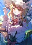  1girl absurdres apron back_bow black_hat black_skirt blonde_hair blue_sky blurry blurry_foreground blush bow braid broom cloud cloudy_sky commentary_request cowboy_shot day depth_of_field falling_leaves frilled_apron frilled_hat frilled_shirt_collar frilled_skirt frills gagaku_kawa_rei hair_bow hand_up hat hat_bow highres holding holding_broom kirisame_marisa leaf light_particles long_hair looking_at_viewer neck_ribbon red_bow red_ribbon ribbon side_braid simple_bird single_braid skirt sky solo sunlight touhou white_apron witch_hat yellow_eyes 