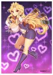  1girl blonde_hair boots border breasts card cleavage detached_sleeves dithered_background earrings fingernails full_body gradient gradient_background grin heart heart_background high_heel_boots high_heels hoop_earrings jacket jewelry kujaku_mai large_breasts leaning_forward long_hair midriff_peek miniskirt navel open_clothes open_jacket pencil_skirt pink_background pink_nails purple_background purple_eyes skirt smile solo thighs v very_long_hair virus-g white_border white_sleeves yu-gi-oh! 