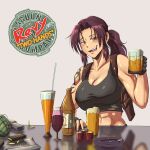  1girl :d abs alcohol ammunition arm_tattoo ashtray awildwildwes beer beer_mug black_gloves black_lagoon black_tank_top blush bottle breasts brown_eyes brown_hair collarbone crop_top cup drinking_glass drinking_straw explosive fingerless_gloves gloves grenade gun handgun holding holding_cup holster large_breasts logo looking_at_viewer magazine_(weapon) mug open_mouth photo-referenced revy_(black_lagoon) shot_glass shoulder_holster smile solo table tank_top tattoo toned toned_female upper_body weapon 