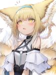  1girl absurdres animal_ear_fluff animal_ears aqua_hairband arknights bangs bare_shoulders blonde_hair blush braid eyebrows_visible_through_hair fox_ears fox_girl fox_tail hairband highres looking_up multiple_tails open_mouth short_hair simple_background solo suzuran_(arknights) tab_head tail upper_body white_background yellow_eyes 