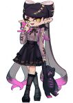  1girl :3 ankle_belt bandaid bandaid_on_hand black_bow black_choker black_hair black_ribbon black_sash black_shoes black_skirt black_socks bow bow-shaped_hair callie_(splatoon) cellphone choker chromatic_aberration clothing_cutout collar collared_shirt commentary_request coula_cat cross-laced_clothes cross-laced_sleeves cross-shaped_pupils crossed_legs dot_nose earrings fangs fingernails frilled_collar frilled_skirt frilled_socks frills full_body gothic_lolita grey_shirt grimace heart highres holding holding_phone holding_stuffed_toy ink inkling jewelry kneehighs lace-trimmed_skirt lace_trim large_teddy_bear lolita_fashion long_fingernails long_hair mary_janes medium_skirt mole mole_under_eye multicolored_hair multiple_earrings neck_ribbon off-shoulder_shirt off_shoulder open_mouth phone pink_hair pink_nails pleated_skirt pointy_ears ribbon sash shirt shoes shoulder_cutout simple_background skirt smartphone socks solo splat_roller_(splatoon) splatoon_(series) stuffed_animal stuffed_toy swept_bangs symbol-shaped_pupils teddy_bear tentacle_hair tentacles thick_eyebrows thick_eyelashes two-tone_hair very_long_hair waist_sash white_background yellow_eyes 