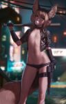  1girl animal_ears bangs baseball_bat black_panties blurry blurry_background brown_eyes brown_hair bubble_blowing chewing_gum choker city cropped_jacket cyberpunk_2077 cyborg earrings flat_chest fox_ears fox_tail gun highres holster jacket jewelry khiara_(personal_ami) looking_at_viewer mechanical_arms navel navel_piercing night open_clothes open_jacket original panties personal_ami piercing short_hair_with_long_locks single_mechanical_arm solo standing tail thigh_holster thigh_strap underwear weapon wrist_guards 