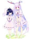  2girls :&lt; ;&gt; alternate_costume animal_ears bangs barefoot black_hair blush carrot_necklace clover clover_hair_ornament commentary cosplay dress earclip embarrassed four-leaf_clover four-leaf_clover_hair_ornament full_body hair_ornament highres inaba_tewi inaba_tewi_(cosplay) long_hair looking_at_viewer matching_outfit multiple_girls nikorashi-ka open_mouth pink_dress pink_eyes pink_hair puffy_short_sleeves puffy_sleeves rabbit_ears rabbit_girl rabbit_tail reisen_udongein_inaba ribbon-trimmed_dress sash short_hair short_sleeves tail touhou very_long_hair 