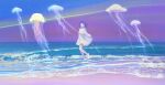  1girl closed_eyes dark_blue_hair dress flying_animal highres horizon jellyfish long_sleeves medium_hair ocean open_mouth original rojo0110 shore short_hair sky solo water white_dress 