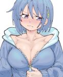  1girl absurdres bare_shoulders blue_eyes blue_hair blush breasts cleavage closed_mouth collarbone commentary_request embarrassed hair_between_eyes hair_ornament hairclip highres hokokara hood hood_down hoodie large_breasts looking_at_viewer looking_to_the_side mahou_shoujo_madoka_magica miki_sayaka musical_note musical_note_hair_ornament nose_blush open_clothes short_hair simple_background solo unzipped upper_body white_background 