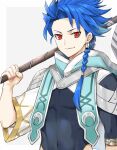  1boy absurdres asymmetrical_bangs asymmetrical_clothes bangs blue_hair bodysuit bodysuit_under_clothes braid braided_ponytail closed_mouth covered_navel cu_chulainn_(fate) earrings fate/grand_order fate/grand_order_arcade fate_(series) grin high_collar highres jewelry long_hair looking_at_viewer male_focus muscular muscular_male okuno_naru_(exoprsa) ponytail red_eyes setanta_(fate) simple_background skin_tight slit_pupils smile solo spiked_hair 