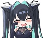  1girl accessories aqua_hair black_bodysuit black_hair bodysuit breasts bubble chibi chibi_only cleavage colored_inner_hair folded_hair gloves goddess_of_victory:_nikke hair_intakes labbri little_mermaid_(nikke) long_hair looking_at_viewer multicolored_hair see-through_bodysuit see-through_cleavage see-through_clothes solo twintails very_long_hair yellow_eyes 