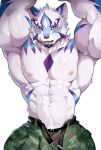2025 anthro blush bodily_fluids bottomwear bulge canid canine chung0_0 clothed clothing hi_res lifewonders live_a_hero looking_at_viewer male mammal muscular muscular_anthro muscular_male sadayoshi solo sweat sweatdrop topless