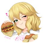  1girl blonde_hair bread burger child closed_mouth eating food green_eyes highres idolmaster idolmaster_cinderella_girls medium_hair mrhunking one_eye_closed sakurai_momoka simple_background white_background 