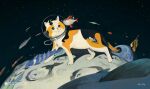  animal cat choidomart crater earth_(planet) fantasy fish flying_fish helmet highres logo moon no_humans on_moon original planet signature sky space space_helmet sparkle sparkling_eyes star_(sky) starry_sky 