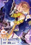  1boy :d ahoge beads black_bow black_sash black_shoes blonde_hair blue_background blue_jacket blue_pants blush bow brown_eyes collared_shirt copyright_name copyright_notice countdown cross-laced_shoes dated double-parted_bangs ear_piercing ensemble_stars! fingernails floral_print flower_ring foot_out_of_frame from_side gem glint gold_trim gradient_background hair_between_eyes head_down head_rest holding holding_jewelry holding_necklace hugging_object jacket jewelry key knee_up leaning_forward light_particles long_shirt long_sleeves looking_at_viewer looking_to_the_side male_focus mashiro_tomoya multiple_rings necklace official_art open_mouth oversized_object pants piercing pomu_(joynet) purple_background purple_gemstone ring sash shirt shoes short_hair shoulder_sash sitting smile solo sparkle stuffed_animal stuffed_rabbit stuffed_toy turning_head underlighting white_shirt 