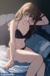  1girl arm_behind_head artist_name black_bra black_panties bra breasts brown_hair cleavage collarbone commentary hand_in_own_hair highres lace-trimmed_bra lace-trimmed_panties lace_trim long_hair mywaffuru navel on_bed original panties pillow sitting solo stomach twitter_username underwear 