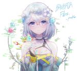  1girl ban_hada blue_eyes blue_flower blue_jacket breasts character_name eyebrows_visible_through_hair flower glasses glitch grey_hair hair_flower hair_ornament halter_top halterneck holding holding_flower jacket jewelry medium_breasts nijisanji nijisanji_kr off-shoulder_jacket off_shoulder pink_flower pistachiocream portrait ring round_eyewear solo triangle_hair_ornament virtual_youtuber 