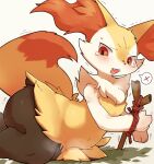  1girl :3 absurdres animal_ear_fluff animal_ears animal_hands animal_nose black_fur blush body_fur bound bound_wrists braixen breath commentary_request fangs flat_chest fox_ears fox_girl fox_tail fur_collar furry furry_female grass highres kyameta lying multicolored_fur navel on_ground on_side open_mouth own_hands_together pokemon pokemon_(game) rope simple_background solo speech_bubble spoken_x stick sweat tail tears teeth thick_thighs thighs trembling white_background white_fur wide_hips yellow_fur 