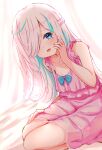  1girl :d bangs baram bare_arms bare_shoulders bed_sheet blue_bow blue_eyes blue_hair blush bow braid collarbone commentary_request curtains dress eyebrows_visible_through_hair hair_over_one_eye hand_up heart highres ilu_fluor long_hair looking_at_viewer multicolored_hair pink_dress reface_music_production sitting sleeveless sleeveless_dress smile solo streaked_hair very_long_hair virtual_youtuber white_hair 