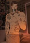  1boy abs absurdres arm_tattoo bara black_hair chest_tattoo grey_pants hand_in_pocket highres holding holding_phone large_pectorals looking_at_viewer male_focus muscular muscular_male navel nipples original pants pectorals phone punim410 short_hair solo stomach_tattoo tattoo topless_male 