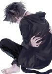  1boy animal_ears black_hoodie black_pants blood cat_boy cat_ears cat_tail covering_own_mouth fingernails full_body highres hood hoodie jewelry long_fingernails long_toenails looking_at_viewer male_focus necklace no_shoes nose original pants red_eyes short_hair simple_background solo tail taiyakitarou toenails torn_clothes white_background 