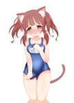  1girl animal_ears ass_visible_through_thighs bangs blue_swimsuit blunt_bangs blush breasts brown_eyes brown_hair commentary_request covered_navel hand_on_own_chest highres hosizora_mikoto idolmaster idolmaster_cinderella_girls long_hair name_tag ogata_chieri old_school_swimsuit one-piece_swimsuit open_mouth school_swimsuit simple_background solo swimsuit swimsuit_tug tail thigh_gap thighs twintails white_background 