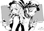  2girls back-to-back cabbie_hat character_name cinderella_(sinoalice) crossed_bangs crossover dated earrings fang finger_gun grey_background greyscale grin hair_over_one_eye hat highres himiko_(326ontheweb) jewelry kitamura_eri long_hair monochrome multiple_girls parted_bangs pointing pointing_at_viewer real_life shirt signature simple_background sinoalice sleeveless sleeveless_shirt smile stud_earrings tongue tongue_out two-tone_background white_background 