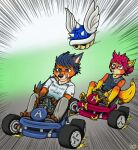 anthro artemis_(smneff) bad_guy_cafe banana_peel blue_eyes blue_hair blue_shell brown_body brown_eyes brown_fur canid canine duo fire_(firefox) fox fur hair male mammal mario_bros mario_kart nintendo orange_body orange_fur purple_hair race racing scar shell tongue tongue_out yellow_body yellow_fur ziegelzeig