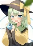  1girl black_headwear blue_eyes blush bow crying crying_with_eyes_open eyebrows_visible_through_hair frilled_shirt_collar frilled_sleeves frills green_hair hair_between_eyes happy_tears hat hat_bow heart highres holding komeiji_koishi long_sleeves looking_down open_mouth ribbon shirt solo tears third_eye touhou upper_body wide_sleeves yellow_bow yellow_ribbon yellow_shirt yumeno_ruruka 